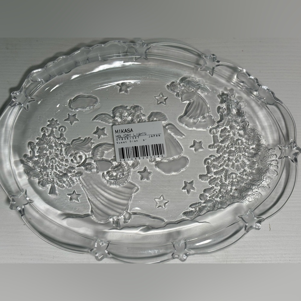 MIKASA Holiday Lights Sweet Dish 9" Crystal Glass ANGELS Serving Plate Christmas